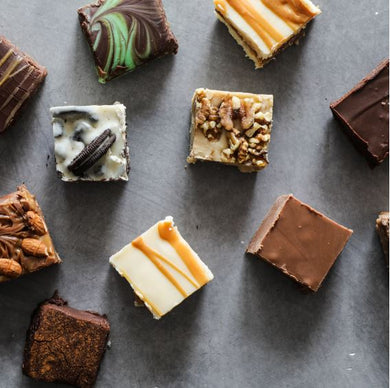 Gourmet Fudge - birds eye view of colorful flavors