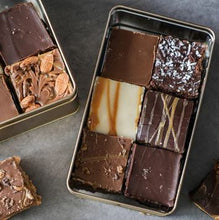 fudge tin filled with 6 flavors of fudge - birds eye view