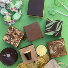 Picture of St. Patrick's Day Box including fudge, Gold Coins, Green Taffy, 2 lollipops