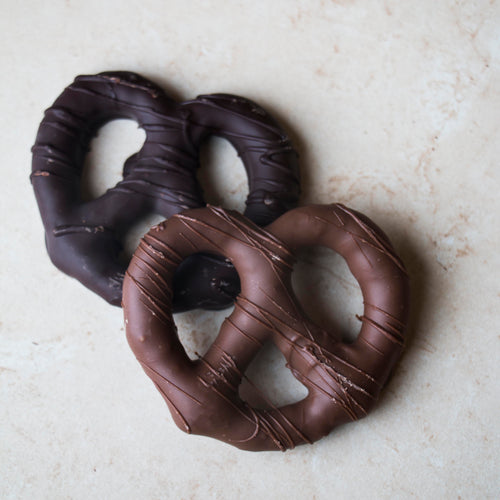 a milk and dark chocolate pretzel