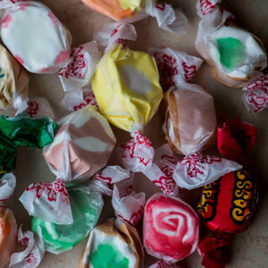 Scattered pieces of salt water taffy